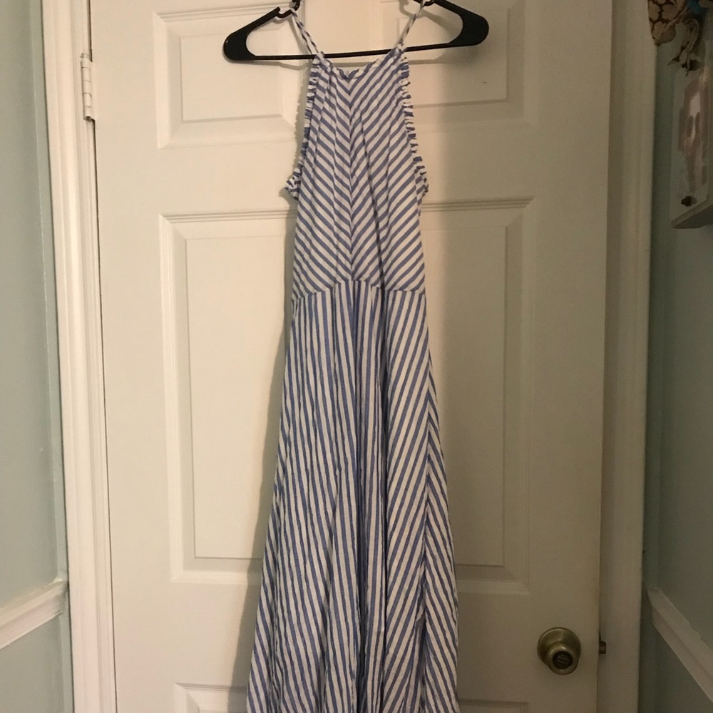 Blue & white striped halter maxi dress